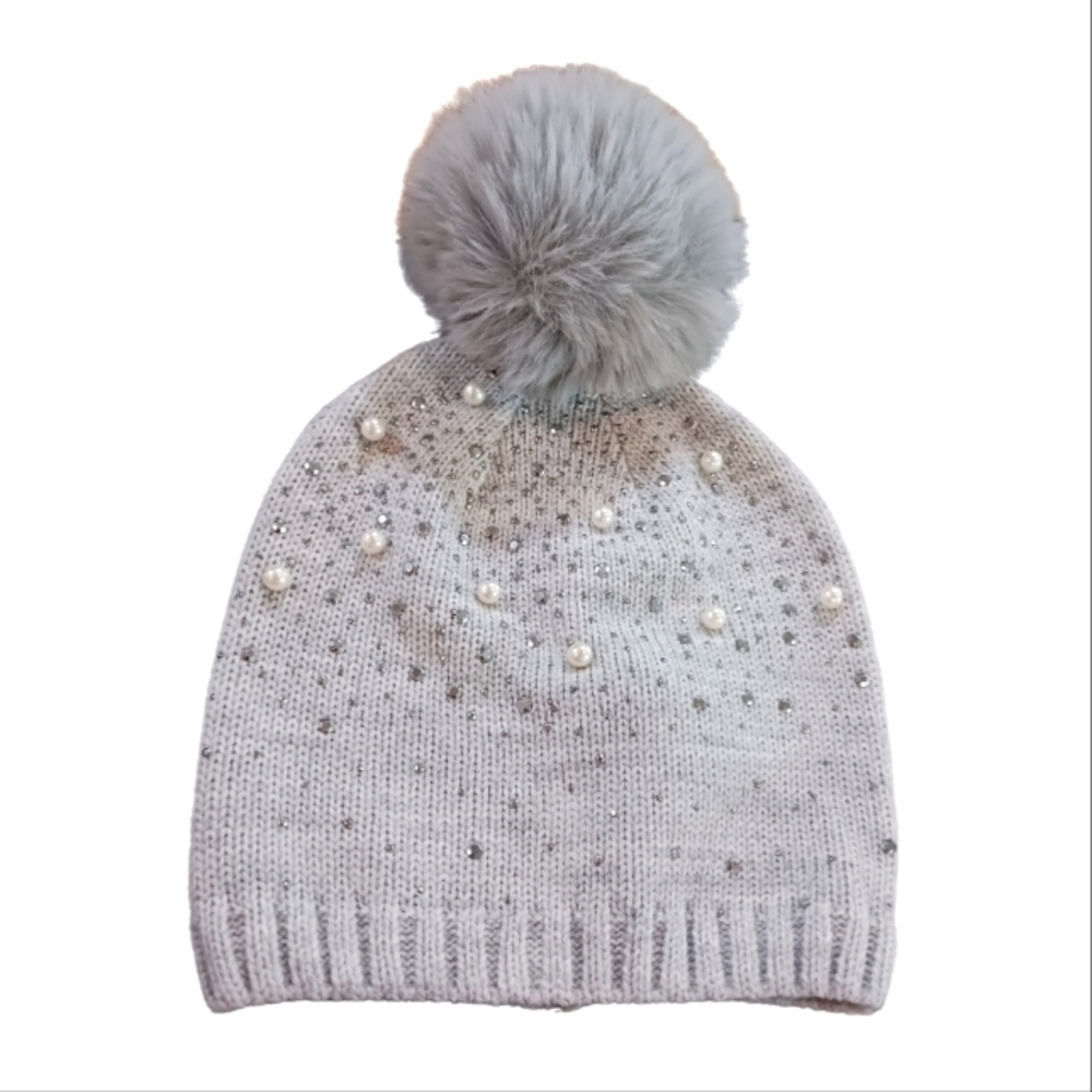 Grey knit pearl‎ beanie hat one size fits all women's